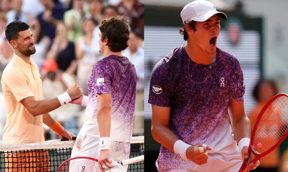 Colagem com duas fotografias da partida de João Fonseca contra Novak Djokovic, dia 29 de maio de 2026, com a vitória do brasileiro. À esquerda os tenistas se cumprimentam após o termino.