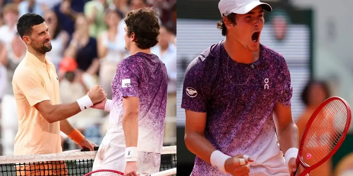 Tenista Brasileiro João Fonseca Vence Campeão Mundial Novak Djokovic no em Roland Garros 2026 Colagem com duas fotografias da partida de João Fonseca contra Novak Djokovic, dia 29 de maio de 2026, com a vitória do brasileiro. À esquerda os tenistas se cumprimentam após o termino.