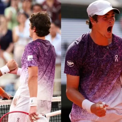 Colagem com duas fotografias da partida de João Fonseca contra Novak Djokovic, dia 29 de maio de 2026, com a vitória do brasileiro. À esquerda os tenistas se cumprimentam após o termino.