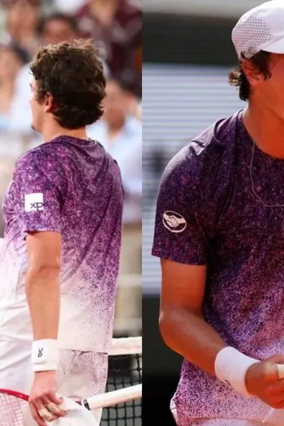 Colagem com duas fotografias da partida de João Fonseca contra Novak Djokovic, dia 29 de maio de 2026, com a vitória do brasileiro. À esquerda os tenistas se cumprimentam após o termino.