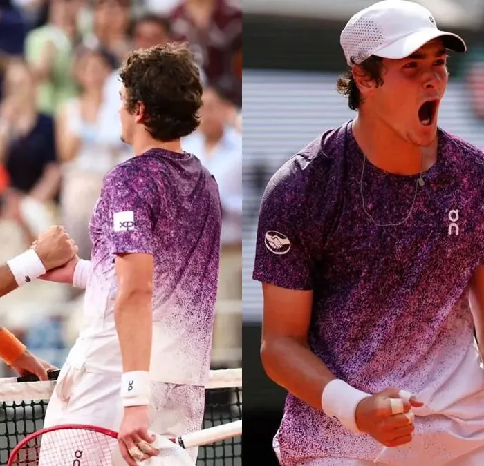 Colagem com duas fotografias da partida de João Fonseca contra Novak Djokovic, dia 29 de maio de 2026, com a vitória do brasileiro. À esquerda os tenistas se cumprimentam após o termino.