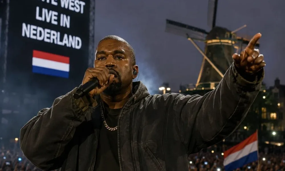 Kanye West de noite durante chuva em apresentação na Holanda, onde sua vinda havia sido suspensa. Imagem gerada por IA.
