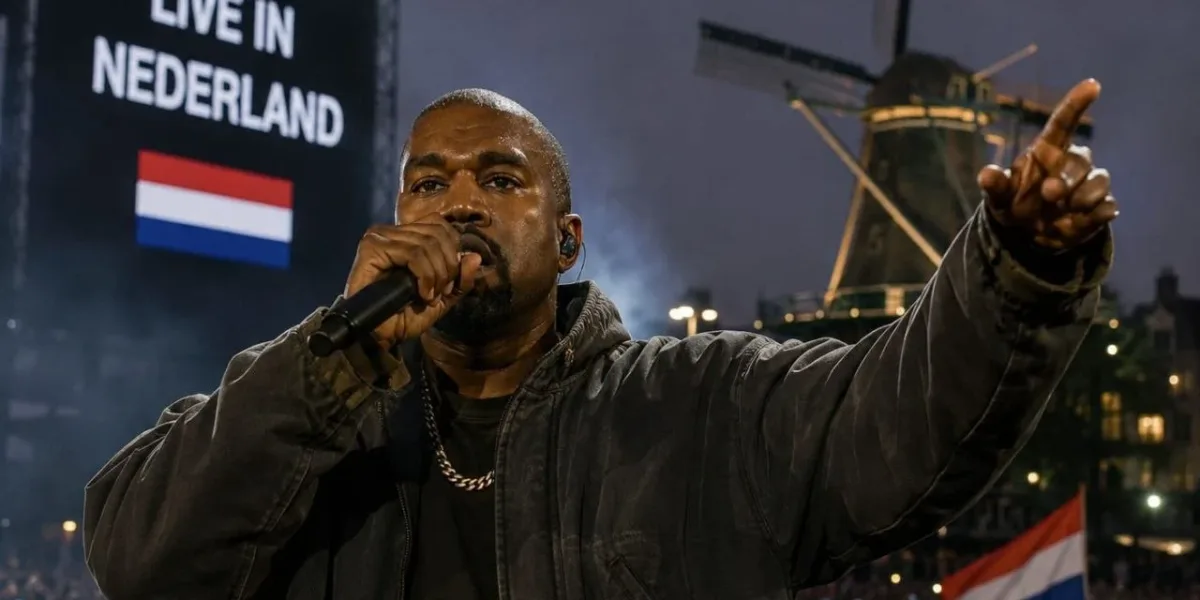 Kanye West de noite durante chuva em apresentação na Holanda, onde sua vinda havia sido suspensa. Imagem gerada por IA.