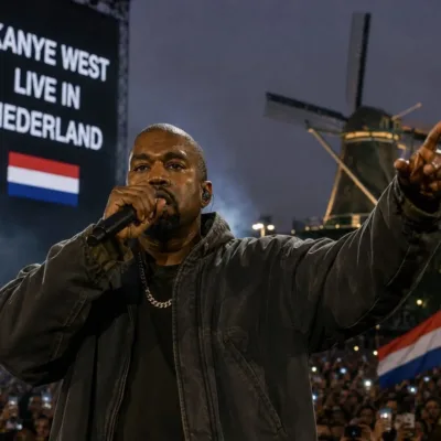 Kanye West de noite durante chuva em apresentação na Holanda, onde sua vinda havia sido suspensa. Imagem gerada por IA.
