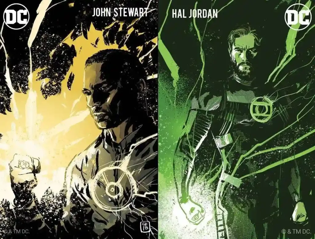 Imagem com dois lanternas dos quadrinhos das DC, separados com uma metade em destaque para cada.