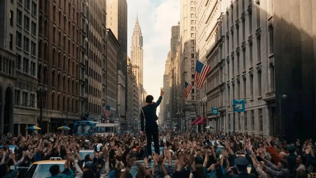 Imagem da cinebiografia "Michael", com Michael Jackson de mão em V em cima de teto de carro em meio a multidão.