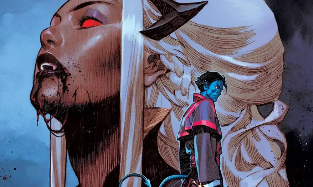 Linha Midnight da Marvel Comics para o universo dos X-Men. Na capa Tempestade ao fundo em busto como uma vampira, e à direita Noturno com uma espada, de costas e rosto levemente virado em direção ao leitor.