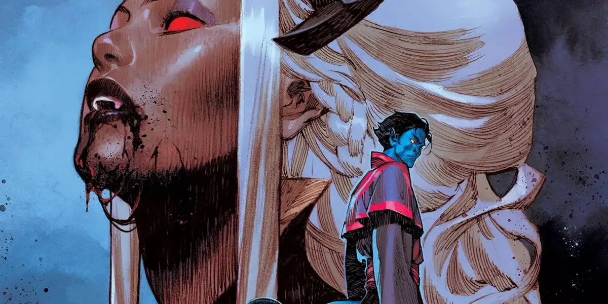 Midnight | Universo Marvel Mergulha na Escuridão Com o Novo Selo Linha Midnight da Marvel Comics para o universo dos X-Men. Na capa Tempestade ao fundo em busto como uma vampira, e à direita Noturno com uma espada, de costas e rosto levemente virado em direção ao leitor.
