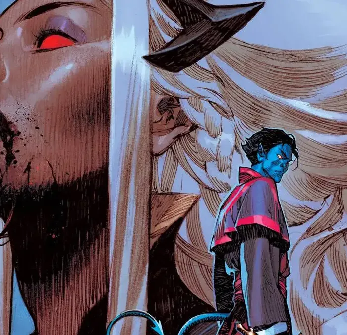 Linha Midnight da Marvel Comics para o universo dos X-Men. Na capa Tempestade ao fundo em busto como uma vampira, e à direita Noturno com uma espada, de costas e rosto levemente virado em direção ao leitor.