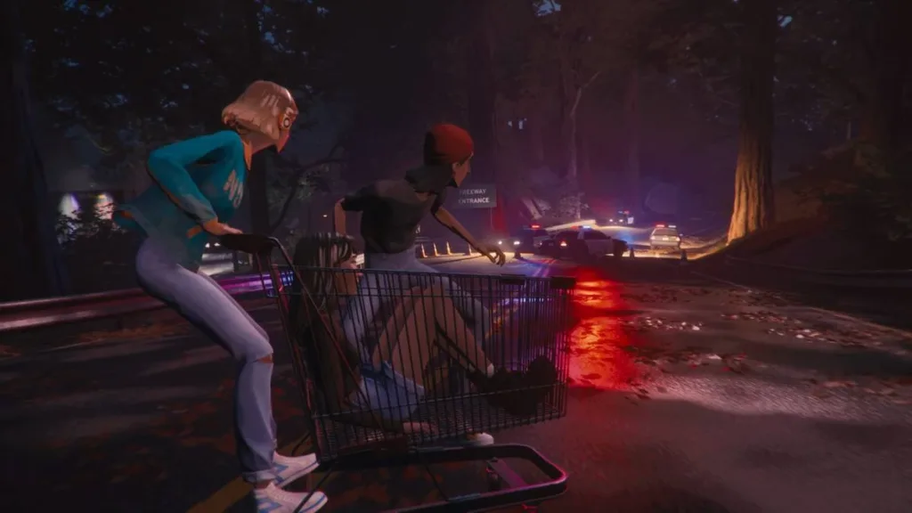 Protagonistas de "Mixtape" andando em um carrinho de supermercado.