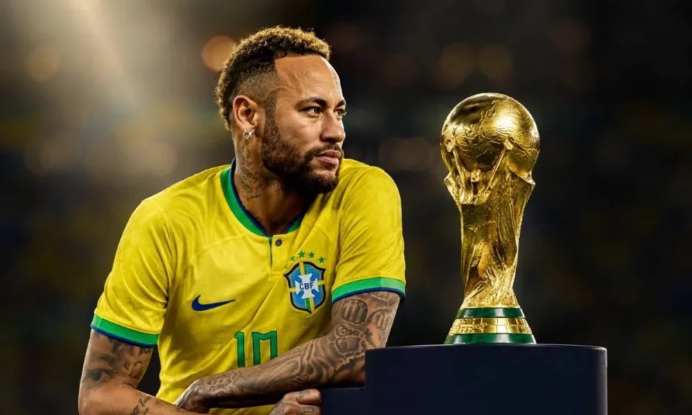 Neymar apoiado com braço esquerdo sobre um estande com a taça da copa do mundo. Ele está com camisa verde e amarela, uma expressão neutra. Imagem gerada por IA.