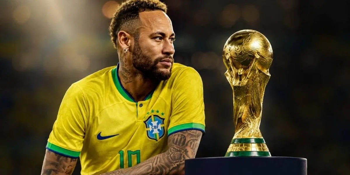 Neymar é Convocado por Ancelotti e Disputará Sua Quarta Copa do Mundo Pela Seleção Brasileira Neymar apoiado com braço esquerdo sobre um estande com a taça da copa do mundo. Ele está com camisa verde e amarela, uma expressão neutra. Imagem gerada por IA.