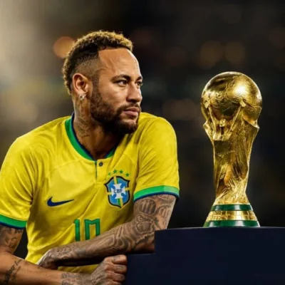 Neymar apoiado com braço esquerdo sobre um estande com a taça da copa do mundo. Ele está com camisa verde e amarela, uma expressão neutra. Imagem gerada por IA.