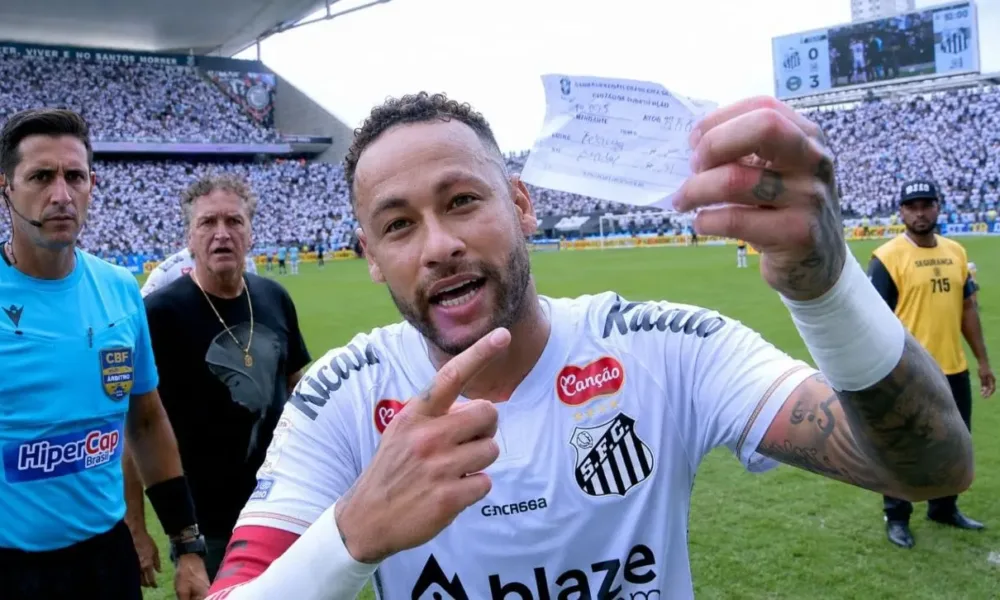 Neymar em partida falando com câmera apontando papel, com expressão de deboche. Imagem gerada por IA.