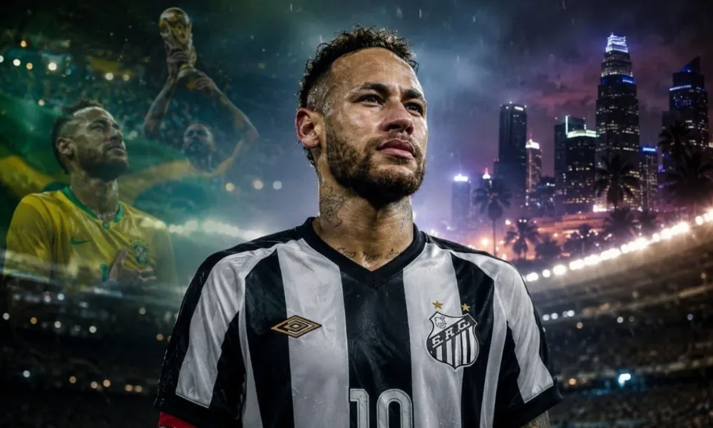 Neymar ao centro com camisa do Santos, à esquerda ele com camisa da seleção em uma projeção fantasma, simulando um possível futuro, e à direita de uma cidade moderna neon. Imagem gerada por IA.