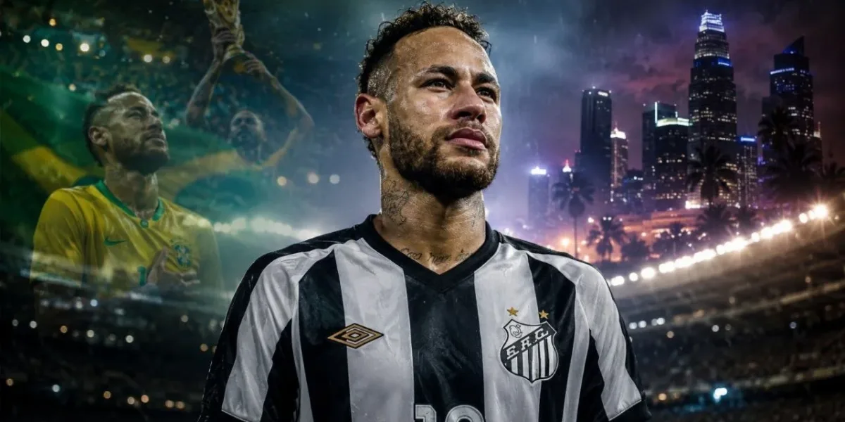 Neymar Pode Deixar o Santos Após Jogo Contra o Coxa Neymar ao centro com camisa do Santos, à esquerda ele com camisa da seleção em uma projeção fantasma, simulando um possível futuro, e à direita de uma cidade moderna neon. Imagem gerada por IA.