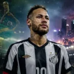 Neymar ao centro com camisa do Santos, à esquerda ele com camisa da seleção em uma projeção fantasma, simulando um possível futuro, e à direita de uma cidade moderna neon. Imagem gerada por IA.