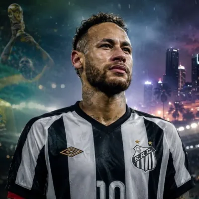 Neymar ao centro com camisa do Santos, à esquerda ele com camisa da seleção em uma projeção fantasma, simulando um possível futuro, e à direita de uma cidade moderna neon. Imagem gerada por IA.