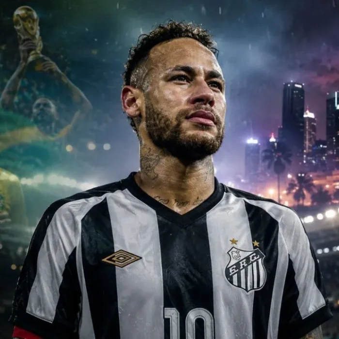 Neymar ao centro com camisa do Santos, à esquerda ele com camisa da seleção em uma projeção fantasma, simulando um possível futuro, e à direita de uma cidade moderna neon. Imagem gerada por IA.