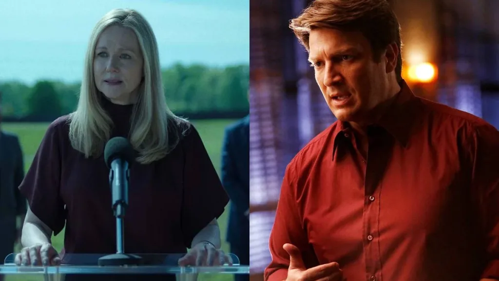 Colagem com atriz Laura Linney e o ator Nathan Fillion, respectivamente na série "Ozark" (esquerda, episódio 4 da 4ª temporada), e "Castle" (direita, episódio 17 da 8ª temporada). Atores estarão no elenco de "Lanterns".