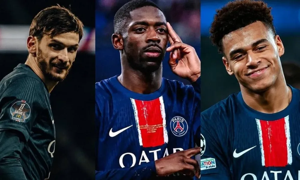 Foto de três jogadores do PSG em partida contra o Arsenal. Colagem/imagem gerada por IA.