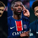 Foto de três jogadores do PSG em partida contra o Arsenal. Colagem/imagem gerada por IA.