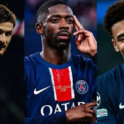 Foto de três jogadores do PSG em partida contra o Arsenal. Colagem/imagem gerada por IA.