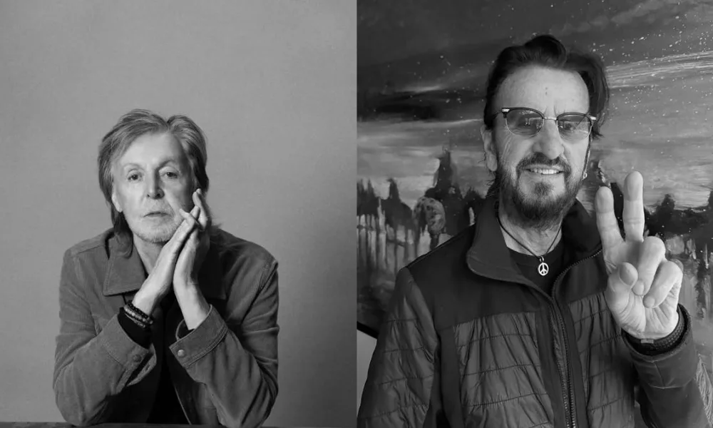 Colagem com fotos de Paul Mccartney, à esquerda, e Ringo Starr (fazendo sinal em V), à direita. Em escala cinza. Artistas divulgam novo álbum esse 2026.