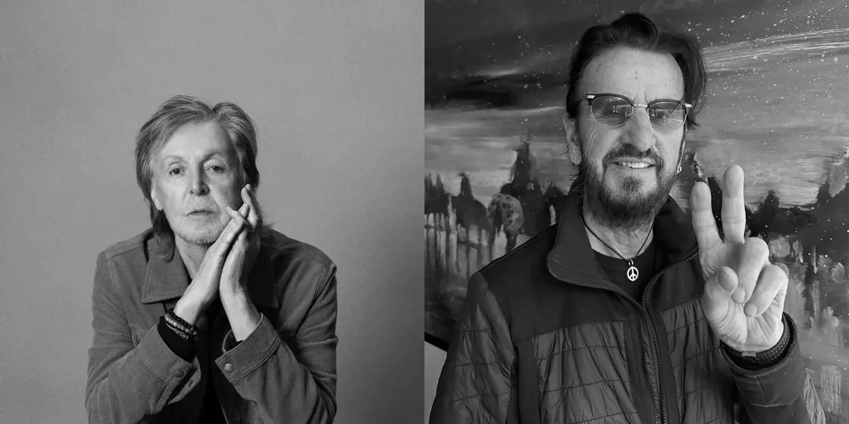 Colagem com fotos de Paul Mccartney, à esquerda, e Ringo Starr (fazendo sinal em V), à direita. Em escala cinza. Artistas divulgam novo álbum esse 2026.