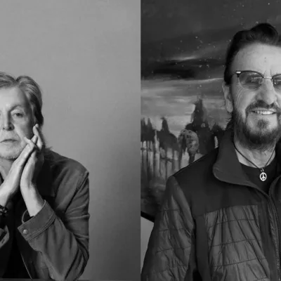 Colagem com fotos de Paul Mccartney, à esquerda, e Ringo Starr (fazendo sinal em V), à direita. Em escala cinza. Artistas divulgam novo álbum esse 2026.
