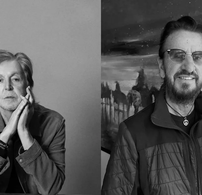 Colagem com fotos de Paul Mccartney, à esquerda, e Ringo Starr (fazendo sinal em V), à direita. Em escala cinza. Artistas divulgam novo álbum esse 2026.