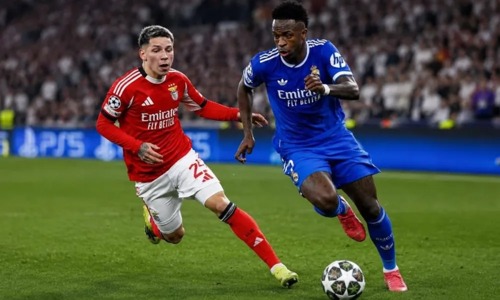 Prestianni do Benfica em partida contra Vini Jr. Imagem gerada por IA.