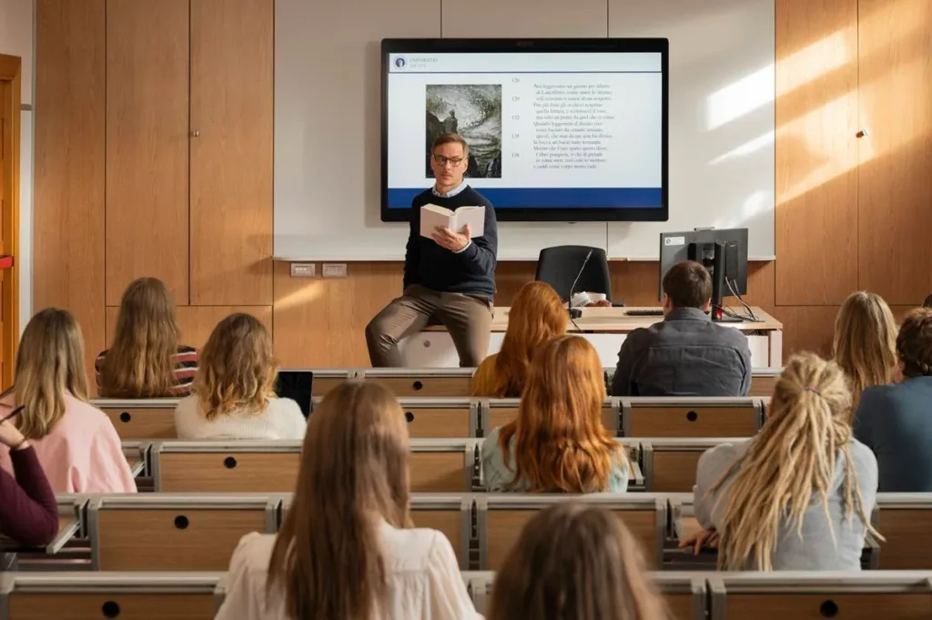 Still do filme "Querendo Ou Não", 2025. Cena de leitura em sala de aula universitária.