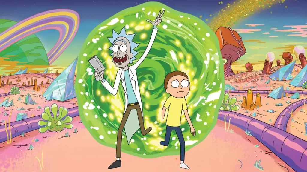 Rick and Morty Acelera Estreia da 9ª Temporada e Surpreende Fãs Com Estratégia da Adult Swim 1 Rick e Morty da série "Rick and Morty", do Adult Swim, saindo de portal verde interdimensional para um mundo novo.