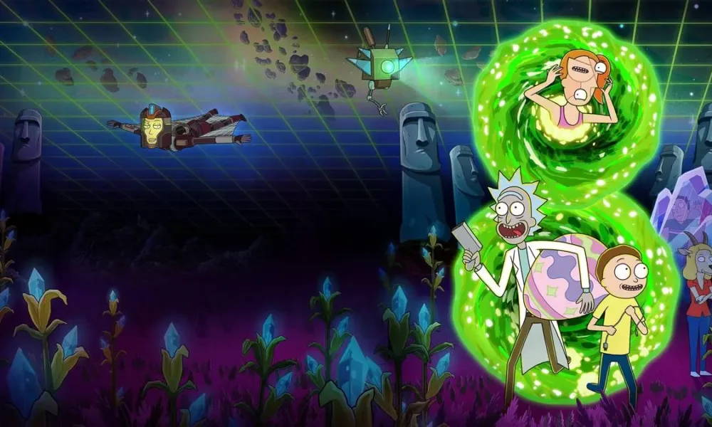 Rick e Morty da série "Rick and Morty", do Adult Swim, saindo de portal verde interdimensional para um mundo novo. Imagem promocional da 9ª temporada.