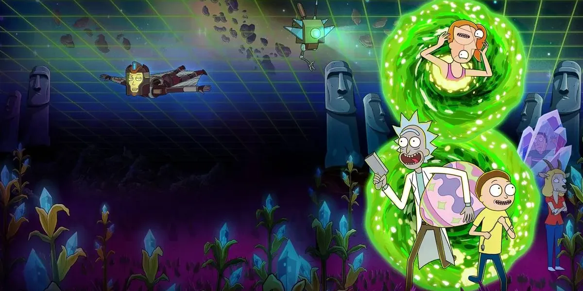 Rick and Morty Acelera Estreia da 9ª Temporada e Surpreende Fãs Com Estratégia da Adult Swim Rick e Morty da série "Rick and Morty", do Adult Swim, saindo de portal verde interdimensional para um mundo novo. Imagem promocional da 9ª temporada.