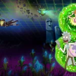 Rick e Morty da série "Rick and Morty", do Adult Swim, saindo de portal verde interdimensional para um mundo novo. Imagem promocional da 9ª temporada.