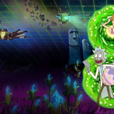 Rick e Morty da série "Rick and Morty", do Adult Swim, saindo de portal verde interdimensional para um mundo novo. Imagem promocional da 9ª temporada.