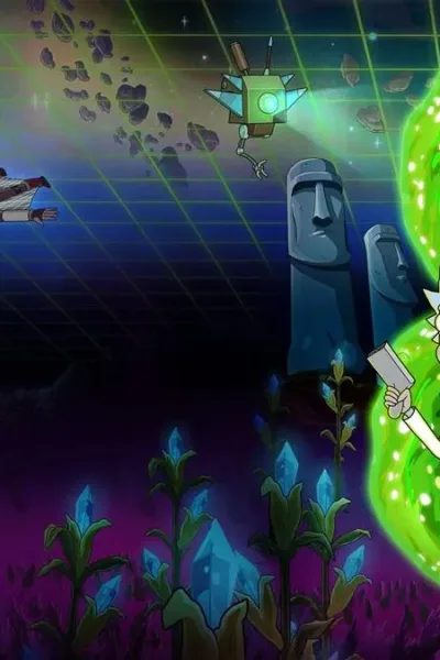 Rick e Morty da série "Rick and Morty", do Adult Swim, saindo de portal verde interdimensional para um mundo novo. Imagem promocional da 9ª temporada.