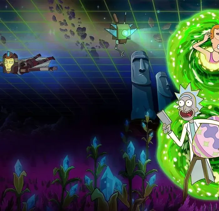 Rick e Morty da série "Rick and Morty", do Adult Swim, saindo de portal verde interdimensional para um mundo novo. Imagem promocional da 9ª temporada.