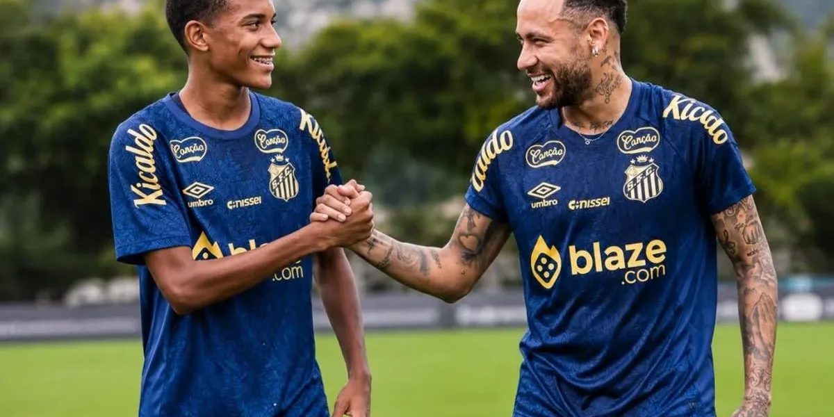 Robinho Jr. (esquerda) e Neymar (direita) cumprimentando um ao outro com mãos direitas. Imagem gerada por inteligência artificial.