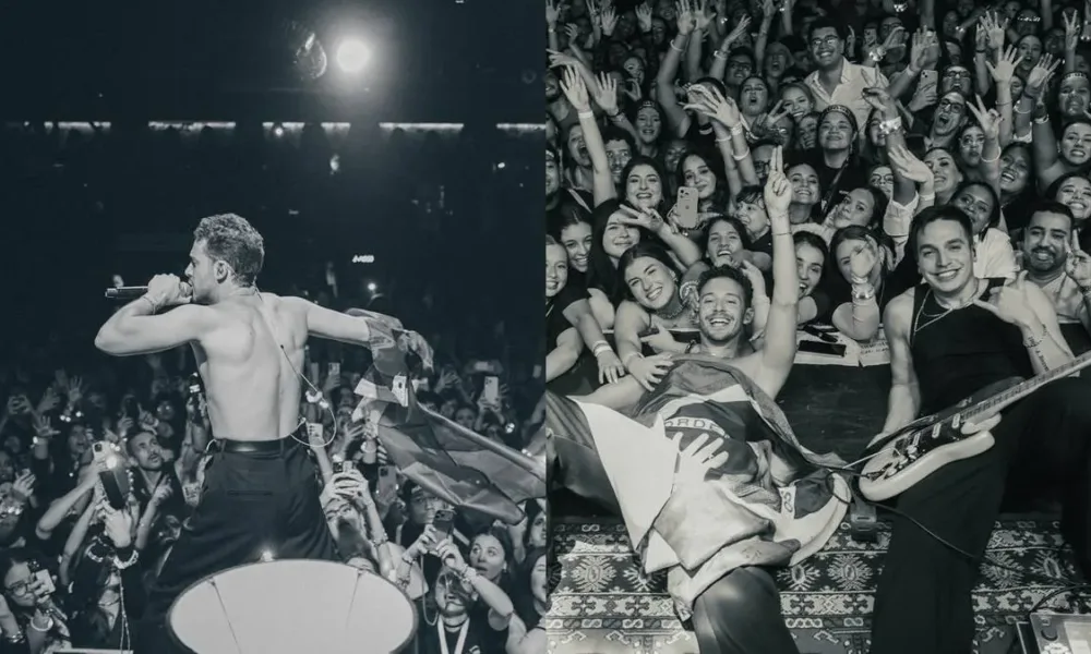 Colagem com duas fotos postadas pelo cantor italiano Ruggero de show seu em São Paulo dia 29 de maio de 2026. Na primeira sem camisa, de costas, na segunda deitado no palco, coberto com uma bandeira do Brasil, sorrindo e posando com a plateia ao lado do guitarrista, posando para foto. Foto em PB.