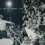 Colagem com duas fotos postadas pelo cantor italiano Ruggero de show seu em São Paulo dia 29 de maio de 2026. Na primeira sem camisa, de costas, na segunda deitado no palco, coberto com uma bandeira do Brasil, sorrindo e posando com a plateia ao lado do guitarrista, posando para foto. Foto em PB.