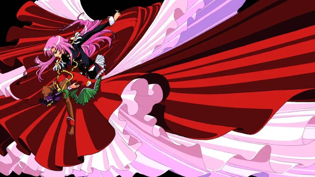 Utena com roupas militares segura Anthy, vestido vermelho esvoaçado longo, em fundo preto, Anthy praticamente adormecida.
