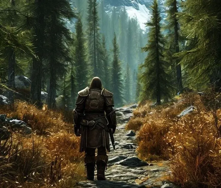 Por Que "The Elder Scrolls V: Skyrim" Ainda é Um Refúgio Emocional 4 Paisagem de "The Elder Scrolls V: Skyrim", homem caminha em floresta conífera.