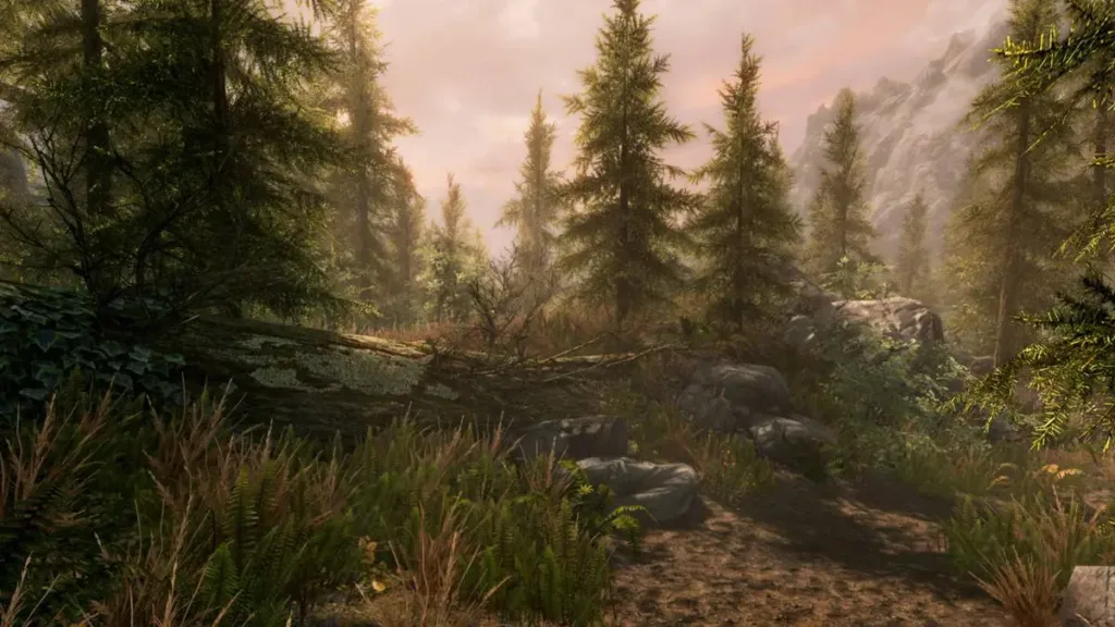 Por Que "The Elder Scrolls V: Skyrim" Ainda é Um Refúgio Emocional 6 Paisagem de "The Elder Scrolls V: Skyrim", floresta conífera em destaque.