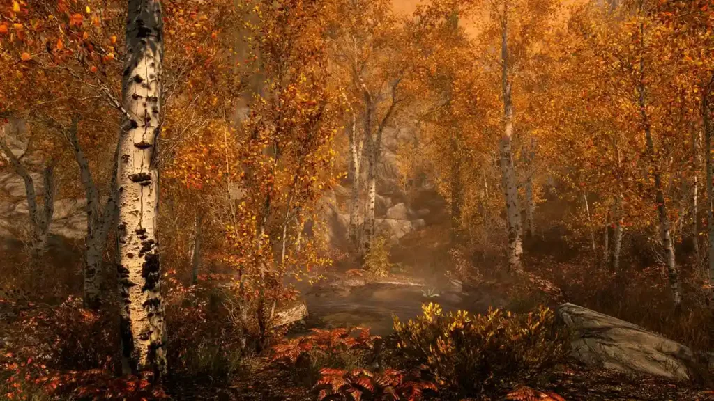 Por Que "The Elder Scrolls V: Skyrim" Ainda é Um Refúgio Emocional 2 Paisagem de "The Elder Scrolls V: Skyrim", floresta autonal em destaque.