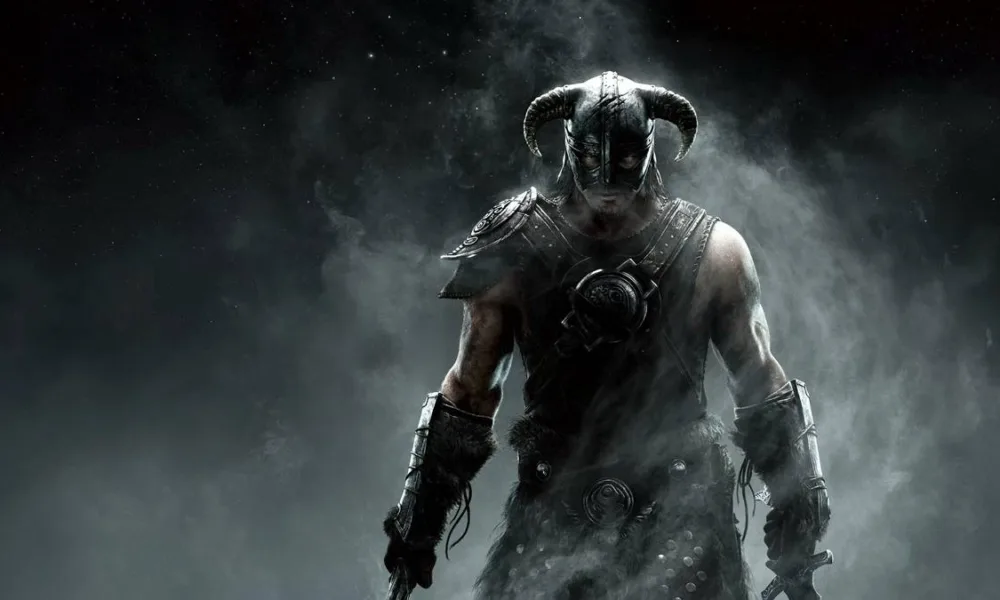 Imagem de divulgação de "The Elder Srolls V: Skyrim" com Dragonborn em fundo preto, cheio de vapor ao seu redor.