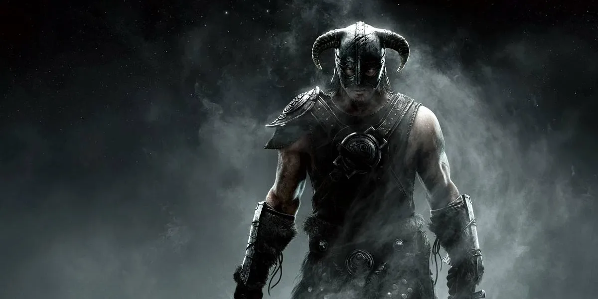 Por Que “The Elder Scrolls V: Skyrim” Ainda é Um Refúgio Emocional Imagem de divulgação de "The Elder Srolls V: Skyrim" com Dragonborn em fundo preto, cheio de vapor ao seu redor.