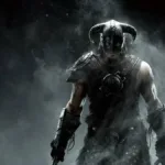 Imagem de divulgação de "The Elder Srolls V: Skyrim" com Dragonborn em fundo preto, cheio de vapor ao seu redor.